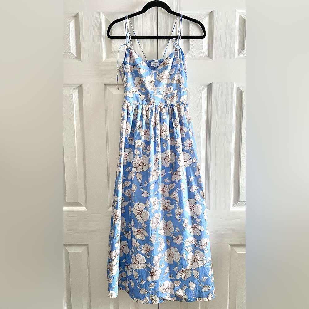 EN SAISON COTTON FLORAL FIT AND FLARE SPAGHETTI STRAP MIDI DRESS Blue White S
